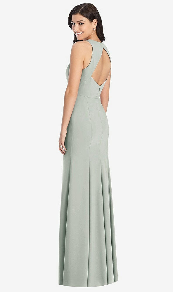 Back View - Willow Green Diamond Cutout Back Trumpet Gown with Front Slit