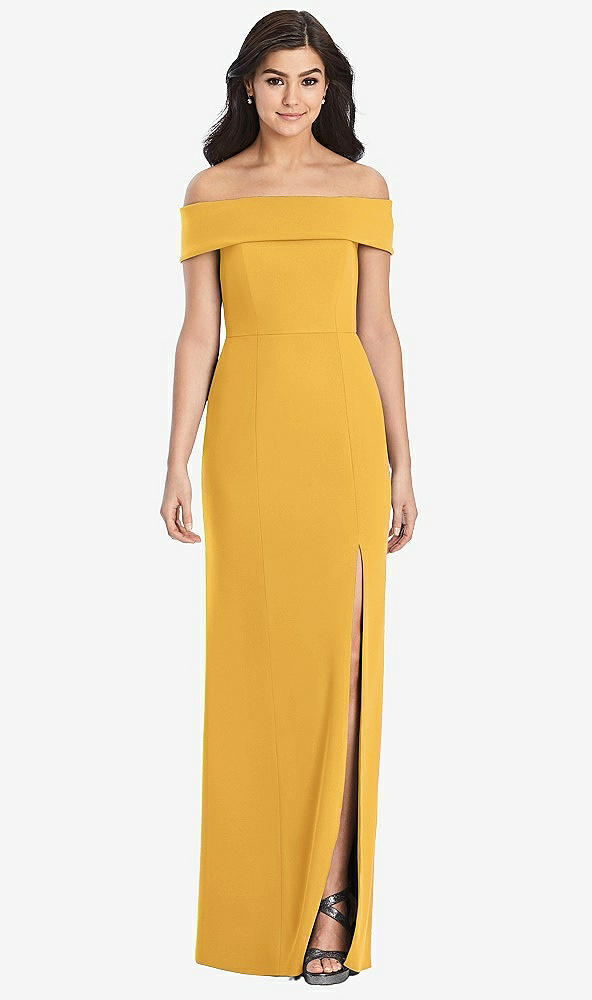 Front View - NYC Yellow Cuffed Off-the-Shoulder Trumpet Gown