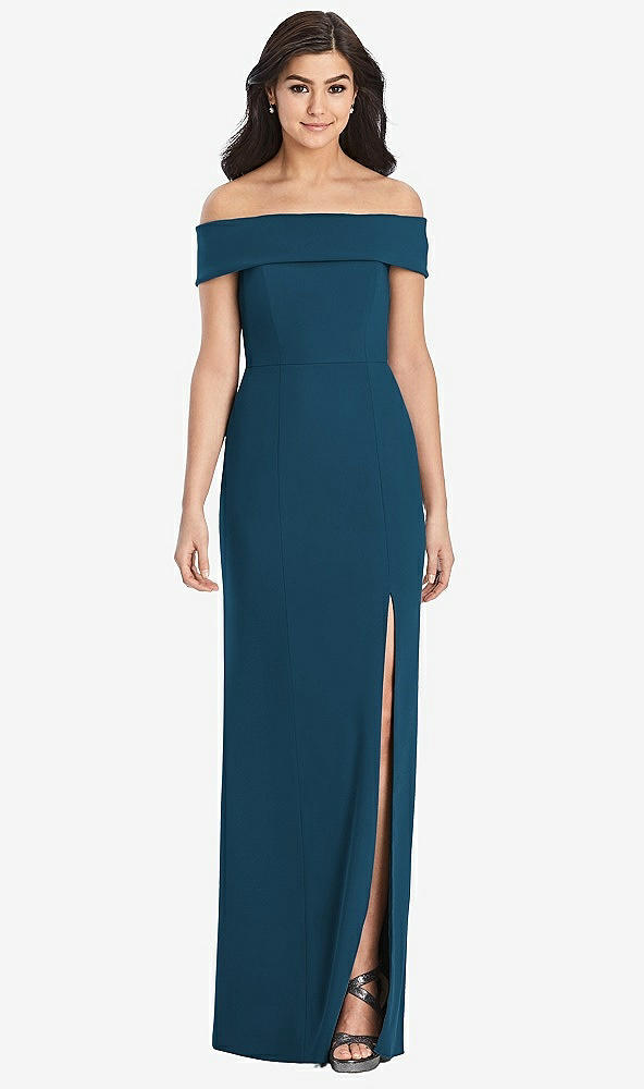Front View - Atlantic Blue Cuffed Off-the-Shoulder Trumpet Gown