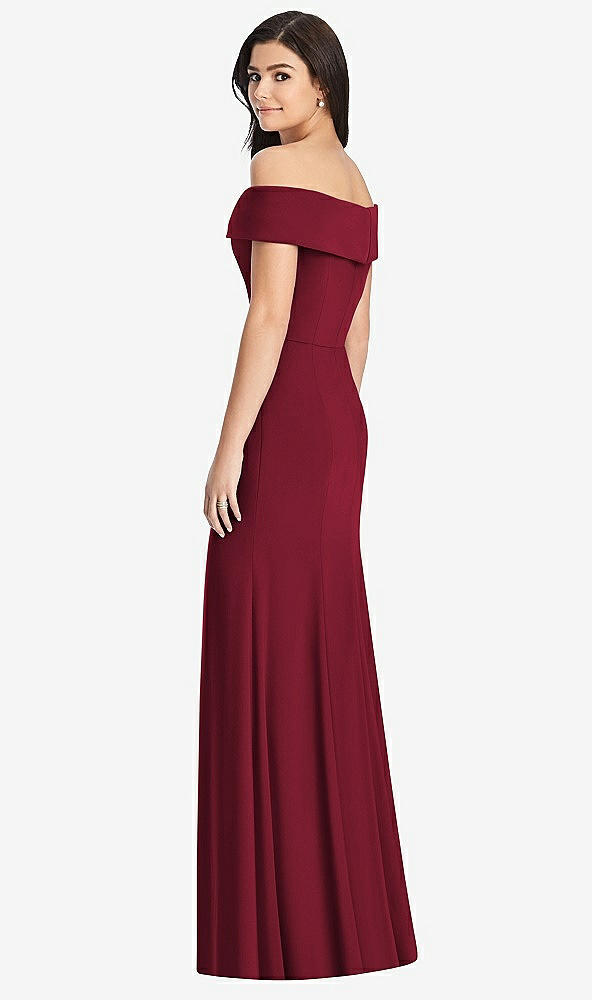 Back View - Burgundy Cuffed Off-the-Shoulder Trumpet Gown