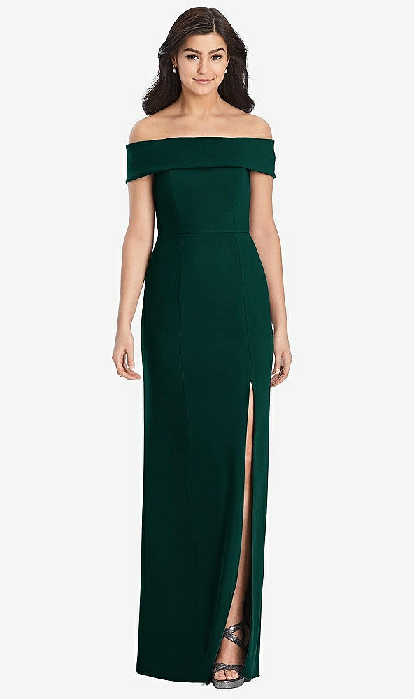 Front View - Evergreen Cuffed Off-the-Shoulder Trumpet Gown