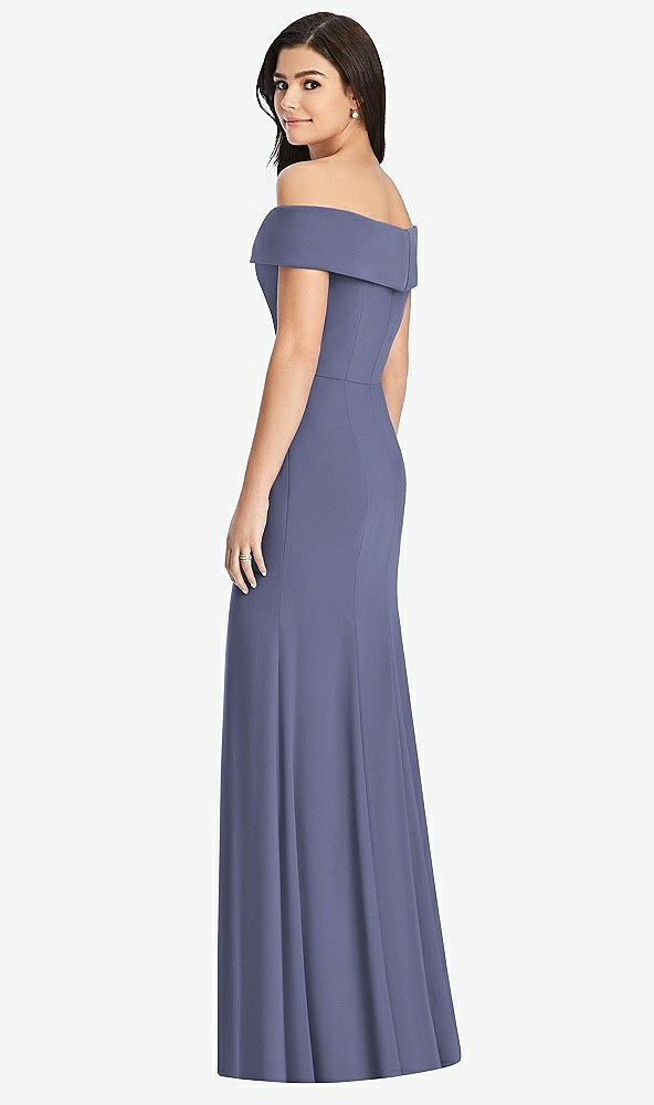 Back View - French Blue Cuffed Off-the-Shoulder Trumpet Gown
