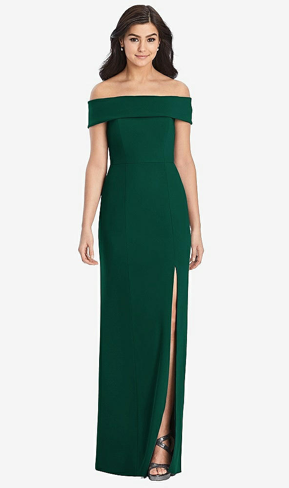 Front View - Hunter Green Cuffed Off-the-Shoulder Trumpet Gown