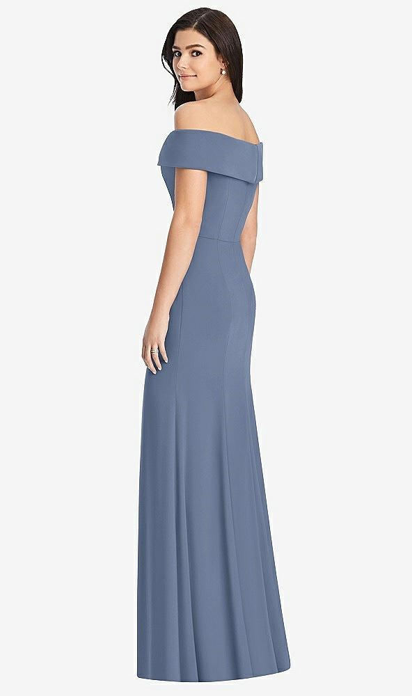 Back View - Larkspur Blue Cuffed Off-the-Shoulder Trumpet Gown