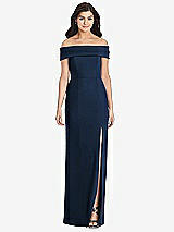 Front View Thumbnail - Midnight Navy Cuffed Off-the-Shoulder Trumpet Gown