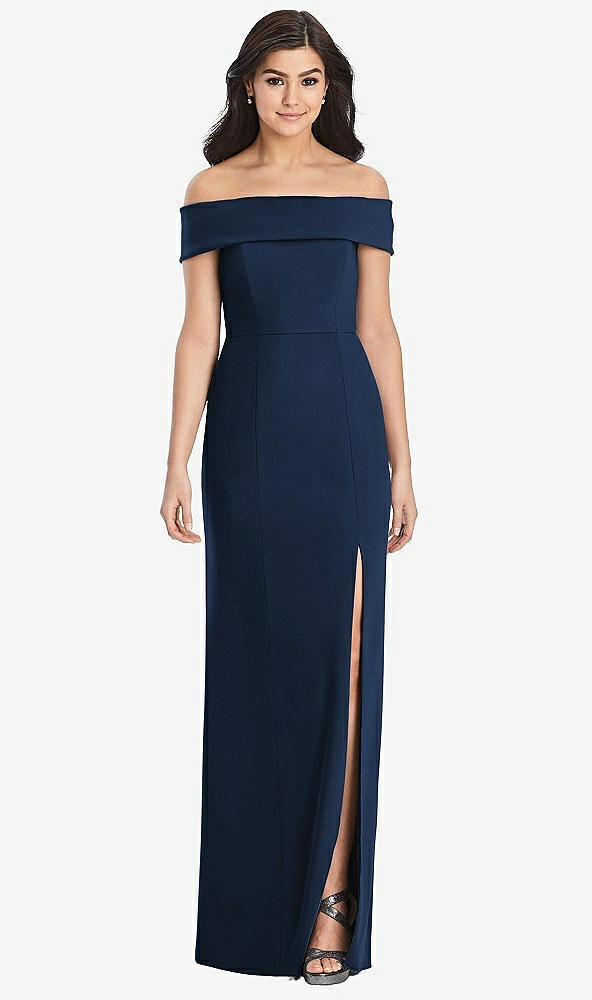 Front View - Midnight Navy Cuffed Off-the-Shoulder Trumpet Gown