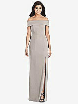 Front View Thumbnail - Taupe Cuffed Off-the-Shoulder Trumpet Gown