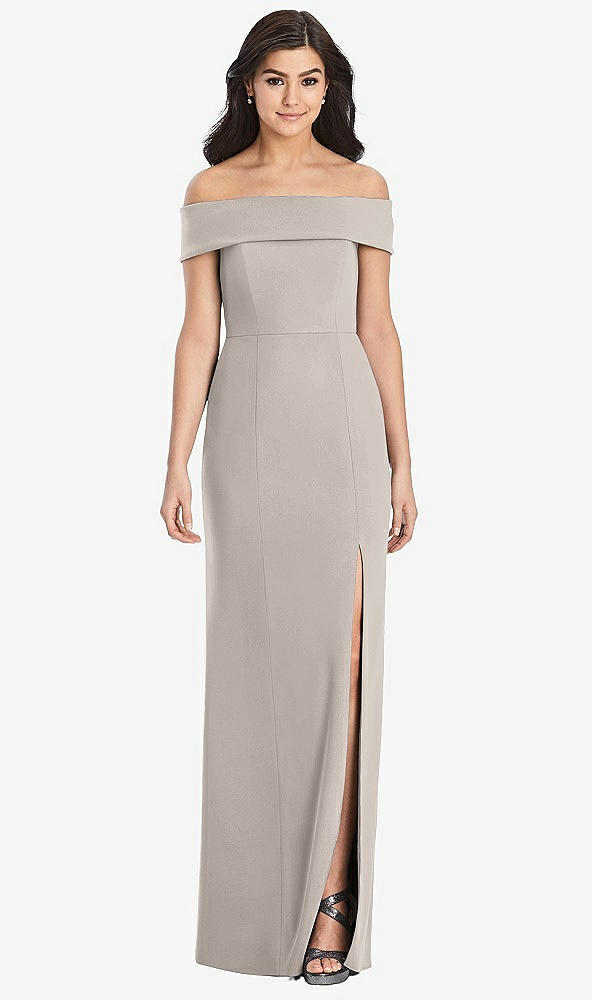 Front View - Taupe Cuffed Off-the-Shoulder Trumpet Gown