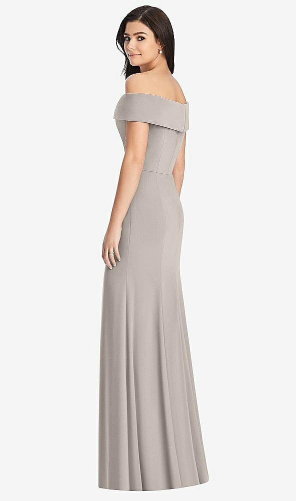 Back View - Taupe Cuffed Off-the-Shoulder Trumpet Gown