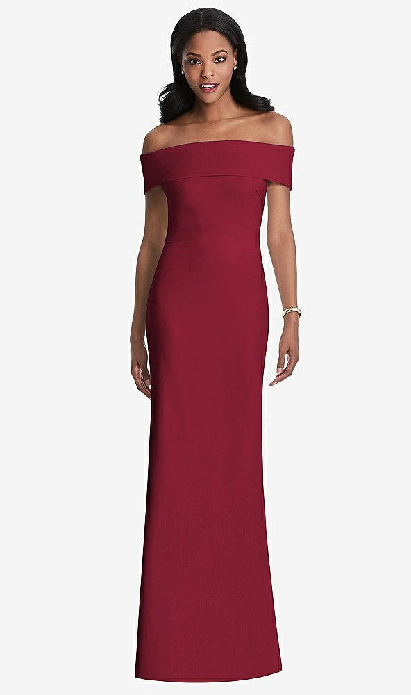 Front View - Burgundy Natural Waist Off-The-Shoulder Mermaid Dress