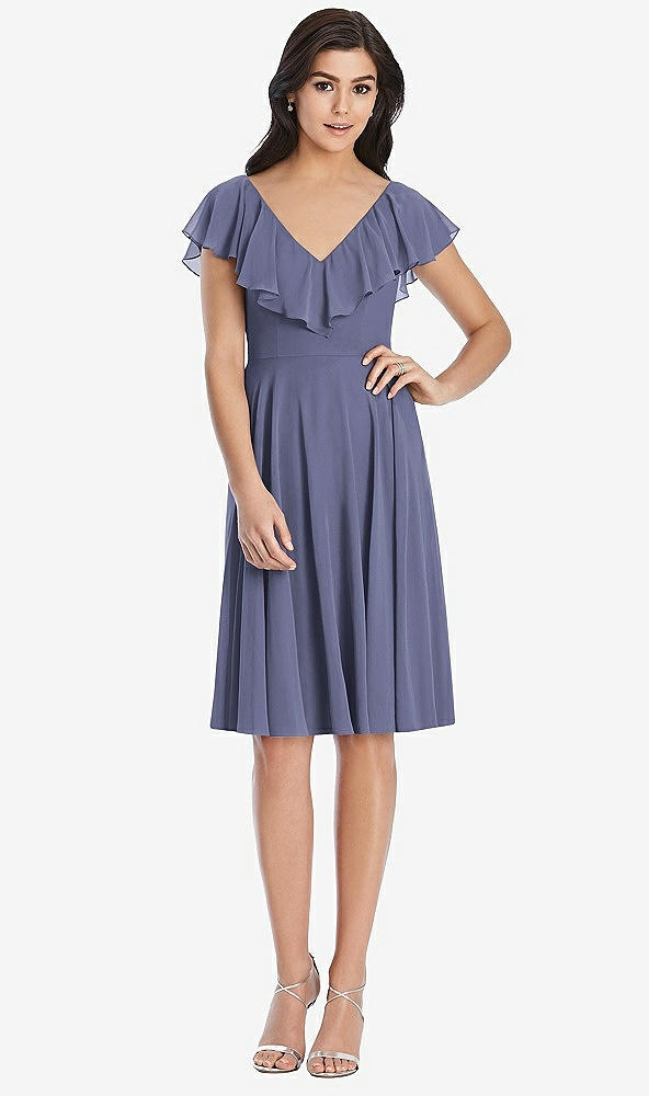 Front View - French Blue Midi Natural Waist Ruffled VNeck Dress