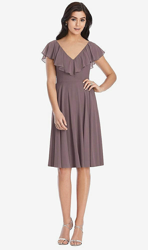 Front View - French Truffle Midi Natural Waist Ruffled VNeck Dress