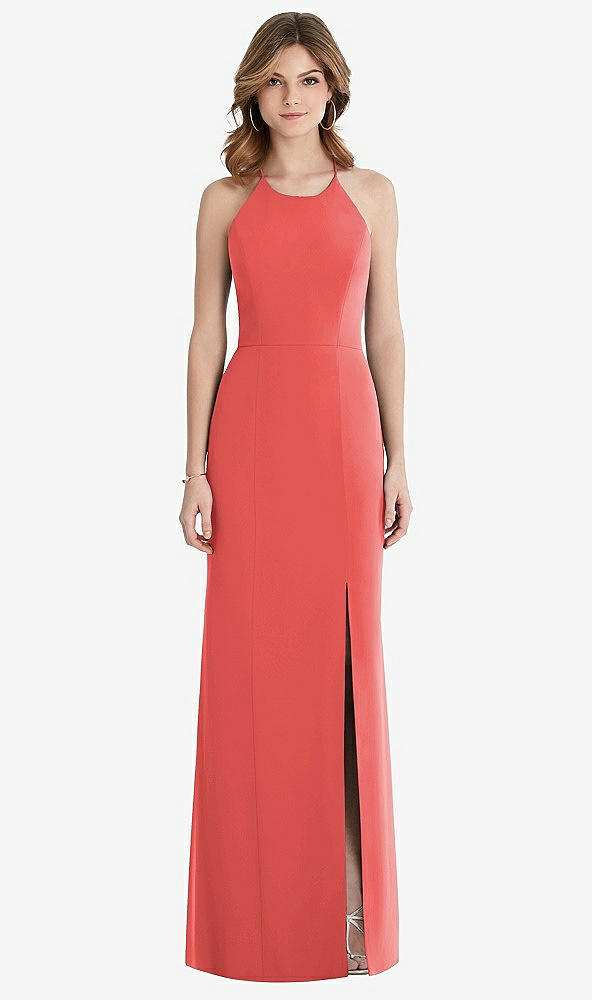 Front View - Perfect Coral Criss Cross Open-Back Chiffon Trumpet Gown
