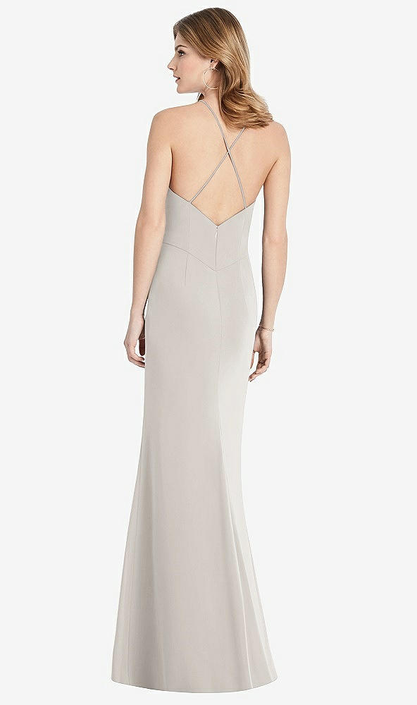 Back View - Oyster Criss Cross Open-Back Chiffon Trumpet Gown