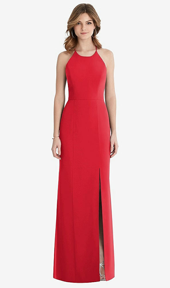 Front View - Parisian Red Criss Cross Open-Back Chiffon Trumpet Gown