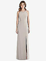 Front View Thumbnail - Taupe Criss Cross Open-Back Chiffon Trumpet Gown