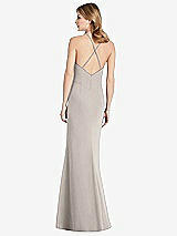 Rear View Thumbnail - Taupe Criss Cross Open-Back Chiffon Trumpet Gown