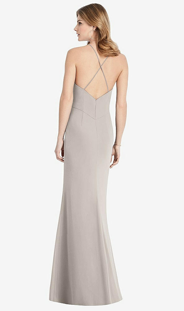Back View - Taupe Criss Cross Open-Back Chiffon Trumpet Gown