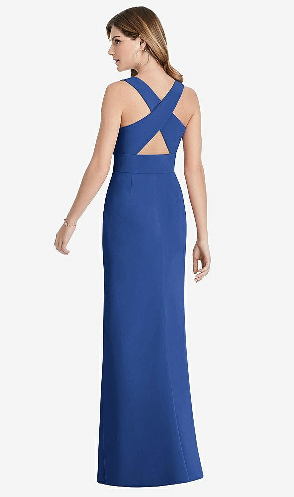 Front View - Classic Blue Criss Cross Back Trumpet Gown with Front Slit