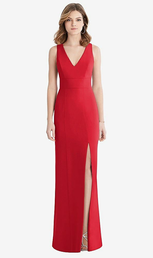 Back View - Parisian Red Criss Cross Back Trumpet Gown with Front Slit