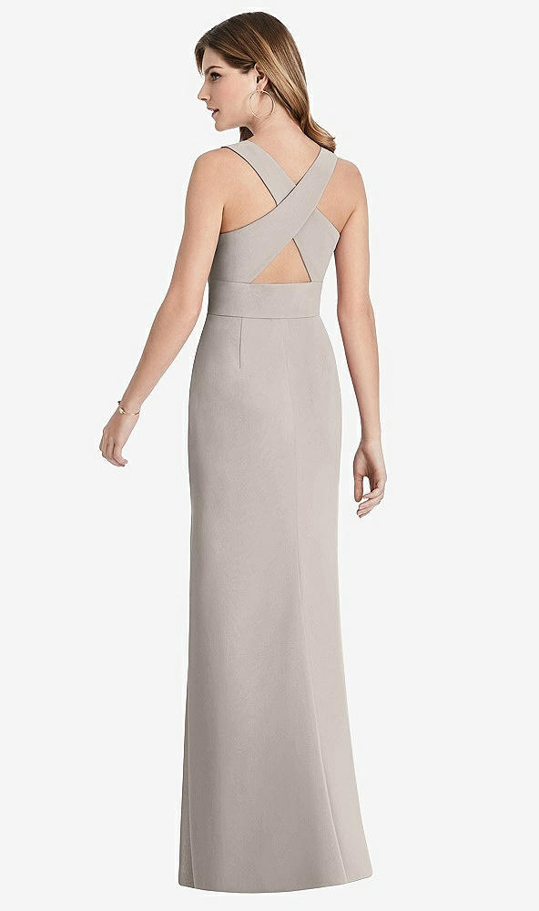 Front View - Taupe Criss Cross Back Trumpet Gown with Front Slit