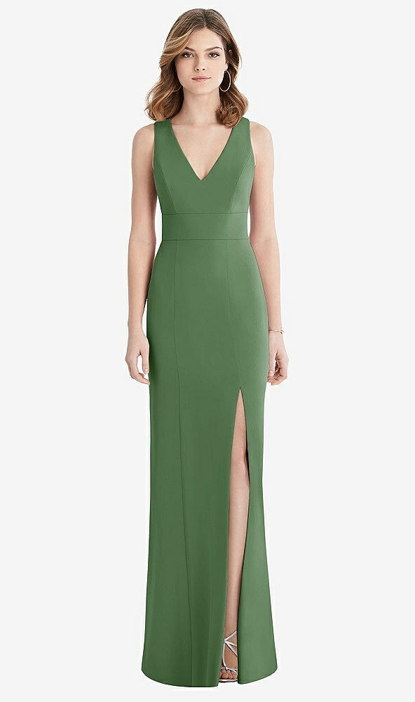 Back View - Vineyard Green Criss Cross Back Trumpet Gown with Front Slit