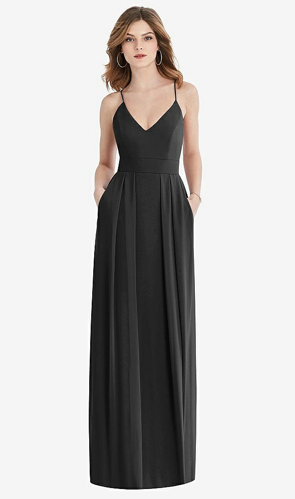 Front View - Black Pleated Skirt Crepe Maxi Dress with Pockets