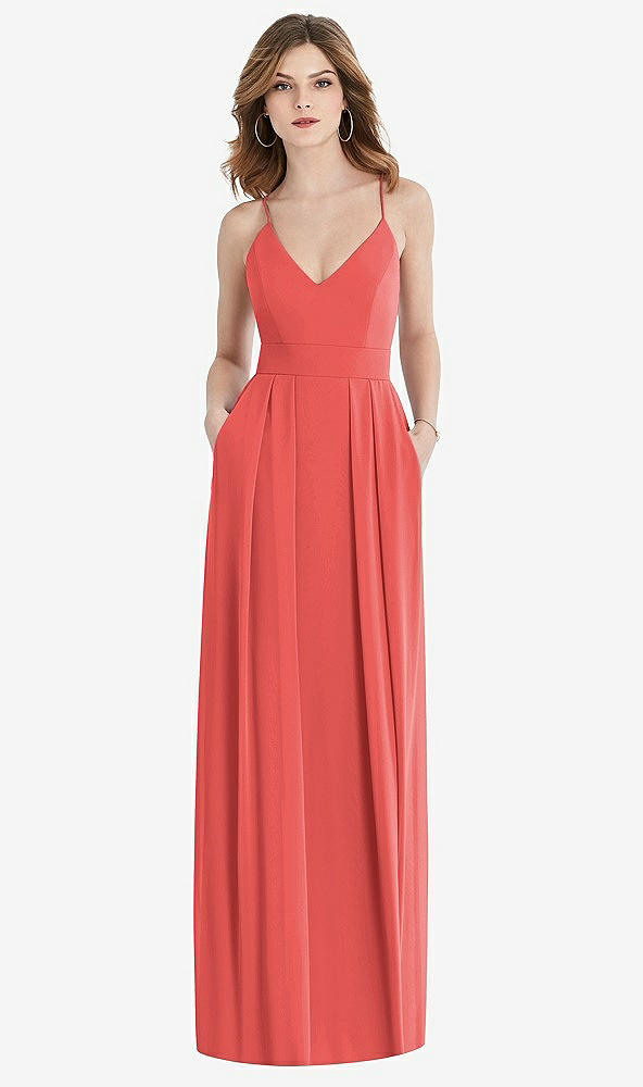 Front View - Perfect Coral Pleated Skirt Crepe Maxi Dress with Pockets