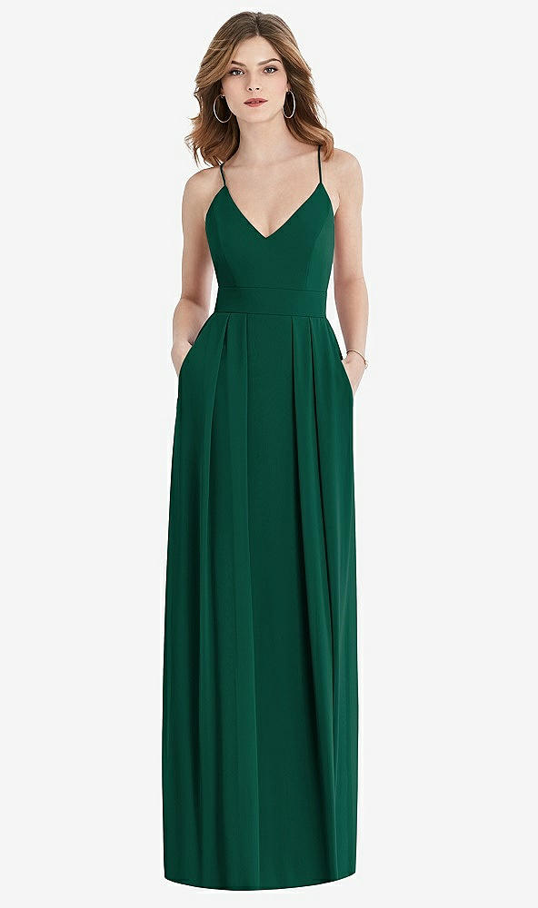 Front View - Hunter Green Pleated Skirt Crepe Maxi Dress with Pockets