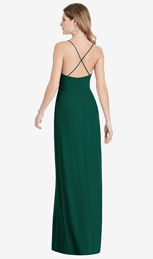 Back View - Hunter Green Pleated Skirt Crepe Maxi Dress with Pockets