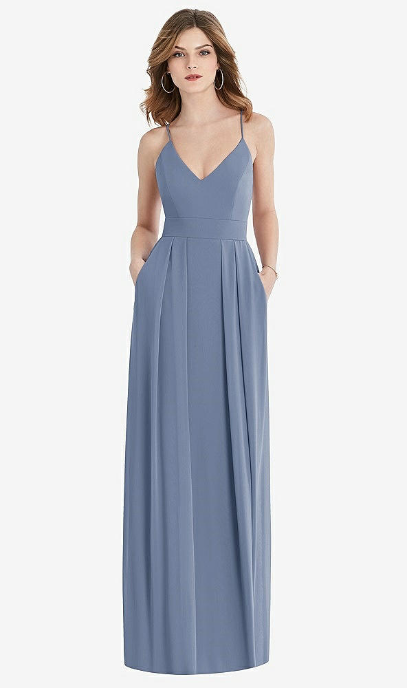 Front View - Larkspur Blue Pleated Skirt Crepe Maxi Dress with Pockets