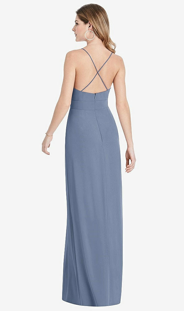 Back View - Larkspur Blue Pleated Skirt Crepe Maxi Dress with Pockets