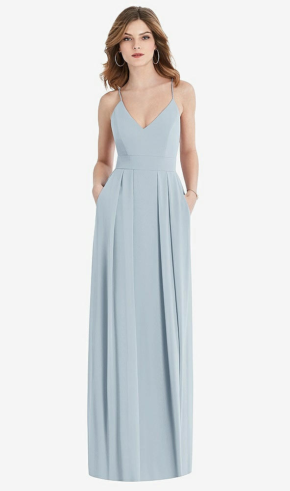 Front View - Mist Pleated Skirt Crepe Maxi Dress with Pockets