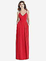 Front View Thumbnail - Parisian Red Pleated Skirt Crepe Maxi Dress with Pockets
