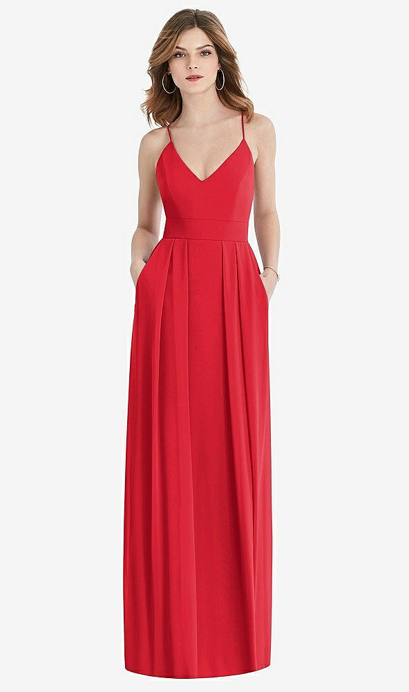 Front View - Parisian Red Pleated Skirt Crepe Maxi Dress with Pockets