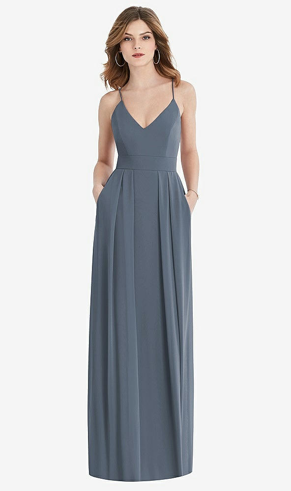 Front View - Silverstone Pleated Skirt Crepe Maxi Dress with Pockets