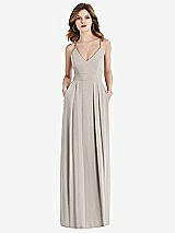 Front View Thumbnail - Taupe Pleated Skirt Crepe Maxi Dress with Pockets