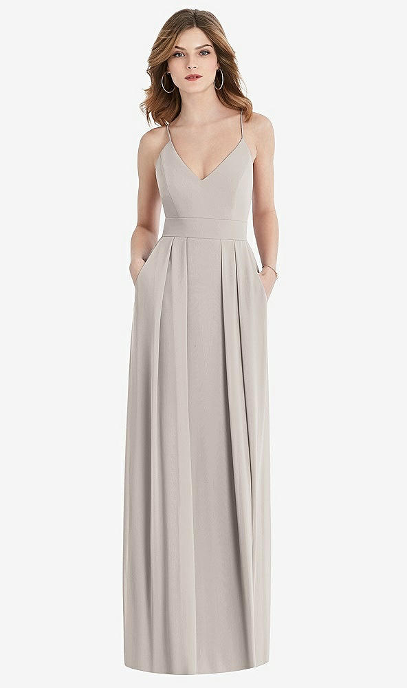 Front View - Taupe Pleated Skirt Crepe Maxi Dress with Pockets