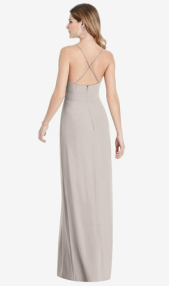Back View - Taupe Pleated Skirt Crepe Maxi Dress with Pockets