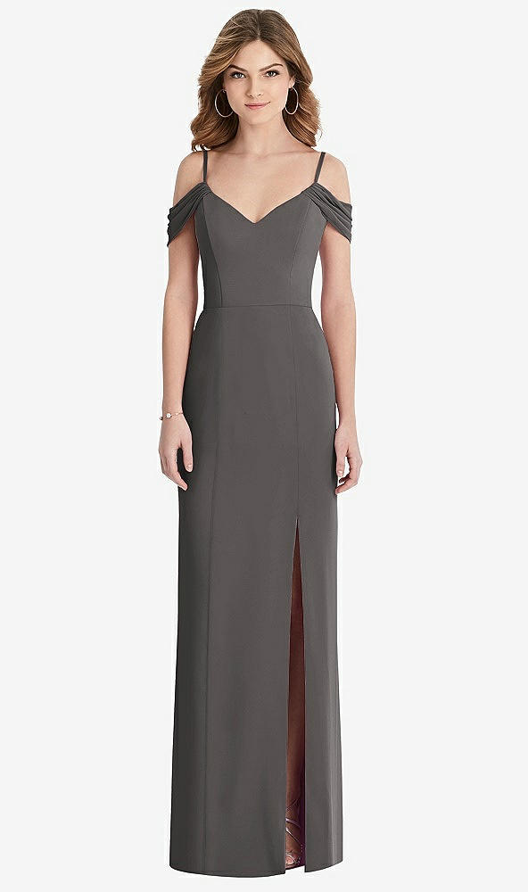 Front View - Caviar Gray Off-the-Shoulder Chiffon Trumpet Gown with Front Slit