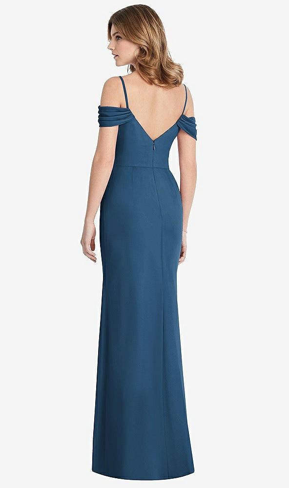 Back View - Dusk Blue Off-the-Shoulder Chiffon Trumpet Gown with Front Slit