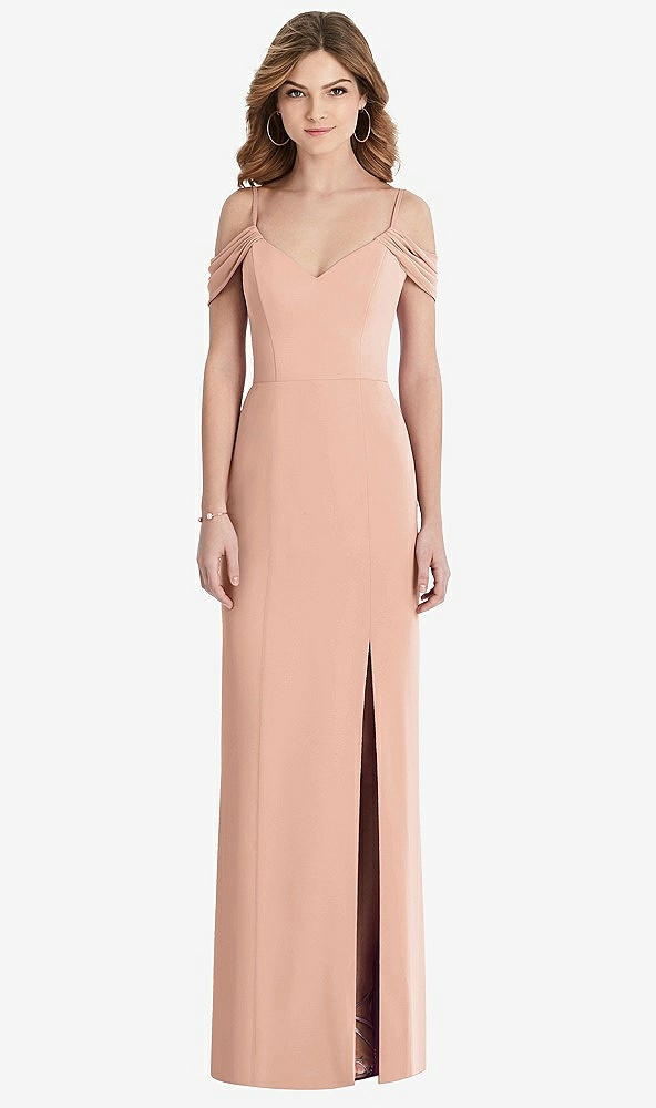 Front View - Pale Peach Off-the-Shoulder Chiffon Trumpet Gown with Front Slit