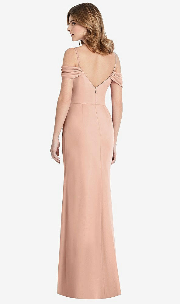 Back View - Pale Peach Off-the-Shoulder Chiffon Trumpet Gown with Front Slit