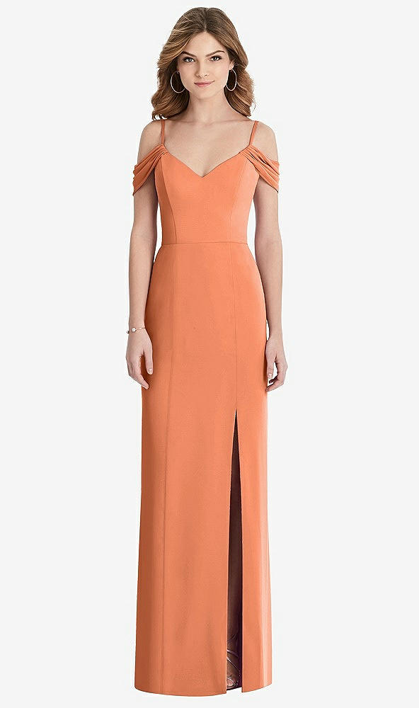 Front View - Sweet Melon Off-the-Shoulder Chiffon Trumpet Gown with Front Slit