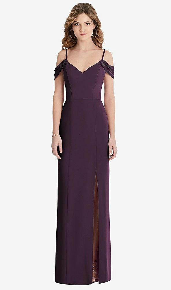 Front View - Aubergine Off-the-Shoulder Chiffon Trumpet Gown with Front Slit