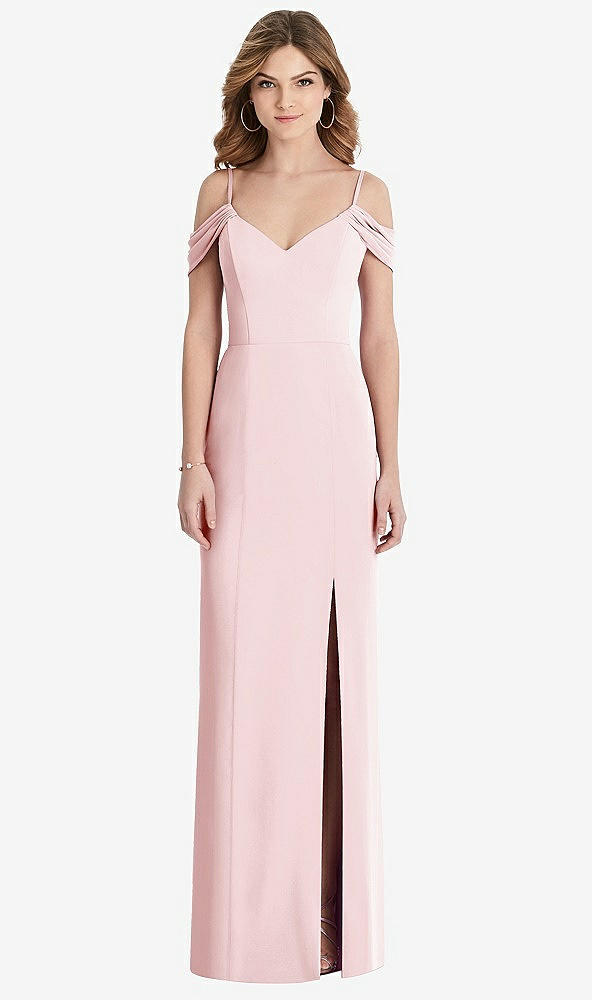 Front View - Ballet Pink Off-the-Shoulder Chiffon Trumpet Gown with Front Slit