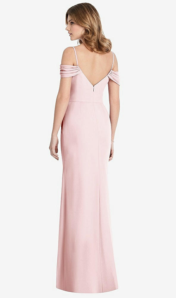 Back View - Ballet Pink Off-the-Shoulder Chiffon Trumpet Gown with Front Slit