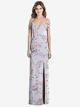 Front View Thumbnail - Butterfly Botanica Silver Dove Off-the-Shoulder Chiffon Trumpet Gown with Front Slit
