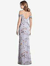 Rear View Thumbnail - Butterfly Botanica Silver Dove Off-the-Shoulder Chiffon Trumpet Gown with Front Slit