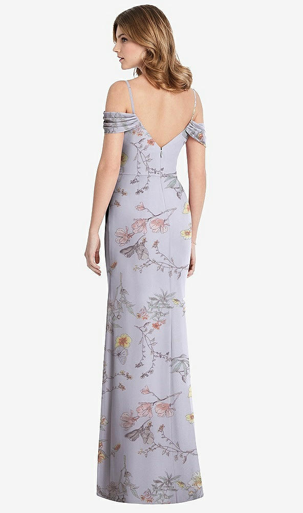 Back View - Butterfly Botanica Silver Dove Off-the-Shoulder Chiffon Trumpet Gown with Front Slit